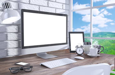 Fototapeta premium 3D illustration PC screen on table in office, Workspace
