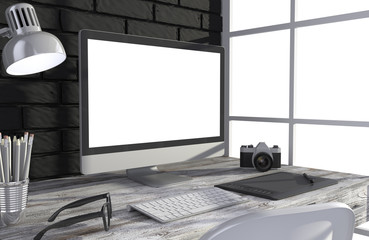 Fototapeta premium 3D illustration PC screen on table in office, Workspace