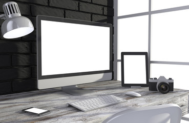 Fototapeta premium 3D illustration PC screen on table in office, Workspace