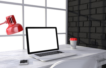 3D illustration laptopand work stuff on table near brick wall