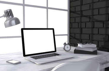 3D illustration laptopand work stuff on table near brick wall