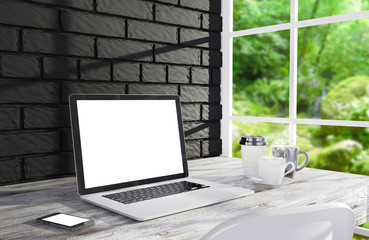 3D illustration PC screen on table in office, Workspace