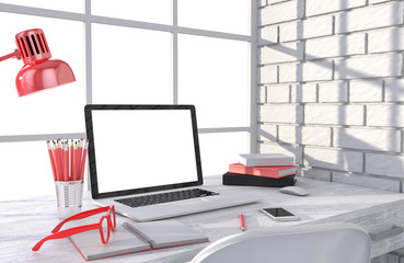 3D illustration laptopand work stuff on table near brick wall
