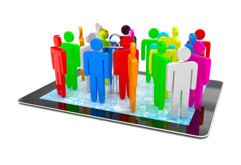 group of people figures on tablet PC, 3d render