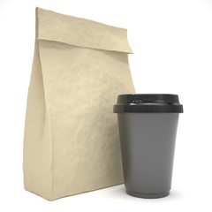 Coffee to go and lunch bag, on white.