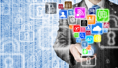 Business man using smart phone with social media icon set