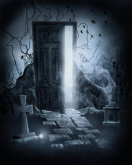 Magiczne drzwi na starym cmentarzy nocą © Obsidian Fantasy
