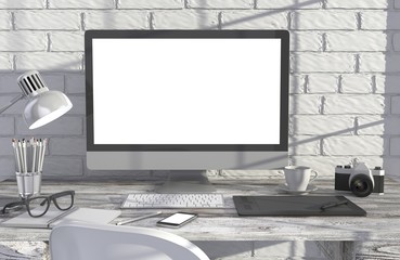 Fototapeta premium 3D illustration PC screen on table in office, Workspace