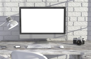 Fototapeta premium 3D illustration PC screen on table in office, Workspace
