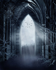 Gotycka brama z gałęziami drzew i pajęczynami © Obsidian Fantasy