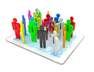 group of people figures on tablet PC, 3d render