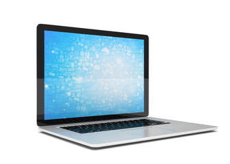 3d rendering of a laptop with blue wallpaper with app icon