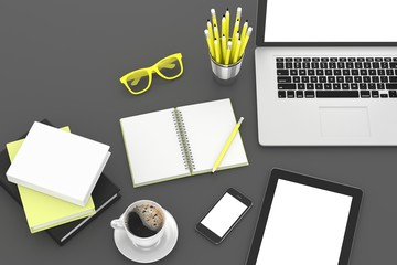 laptop and office stuff, workplace, top view