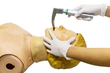 Hand and white medical gloves of doctor demonstration resuscitation on white background