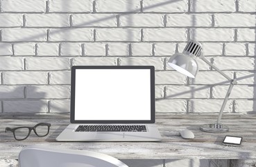 Fototapeta premium 3D illustration laptopand work stuff on table near brick wall