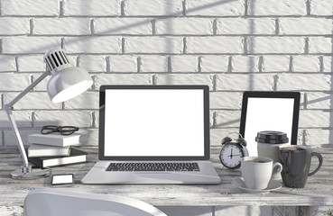 Fototapeta premium 3D illustration laptopand work stuff on table near brick wall