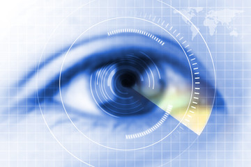 Close-up blue eye the future cataract protection , scan, contact