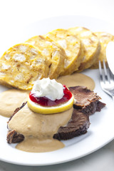 sirloin on cream with dumplings