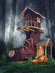 Domek z buta z dyniami na Halloween