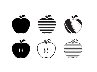 Apple icons set. Stylized fruit design elements. Black silhouette of a healthy meal. Vector illustration.