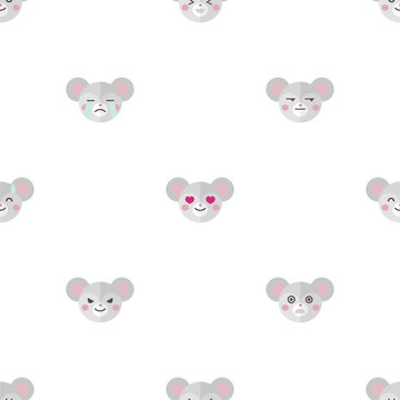 Vector flat cartoon mouse heads with different emotions seamless