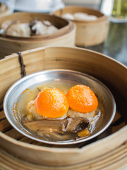 Dim sum, York egg on pork Dumpling in the basket , Chinese Food