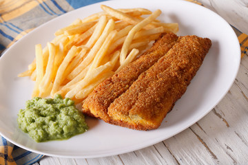 fish in breadcrumbs with fried potatoes close-up. horizontal
