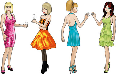 Four beautiful Caucasian race ladies with stylish hairdo and beautiful smile in colorful cocktail dresses in realistic cartoon style
