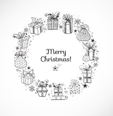 Xmas card with doodle sketch gift boxes 