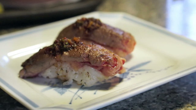 Wagyu beef slice seared, aburi guy sushi nigiri. Japanese food