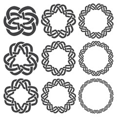 Set of magic knotting rings. Nine circular decorative elements with stripes braiding for your design.