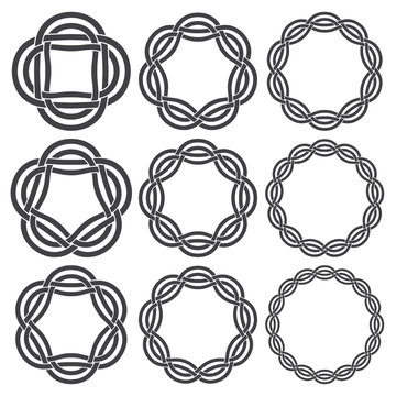Set of vintage knotting rings. Nine circular decorative elements with stripes braiding for your design.