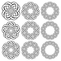 Set of magic knotting rings. Nine circular decorative elements with stripes braiding for your design.