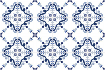 Traditional ornate portuguese tiles azulejos in blue. Vintage pattern. Abstract background. Vector hand drawn illustration, eps10.
- 90366120
