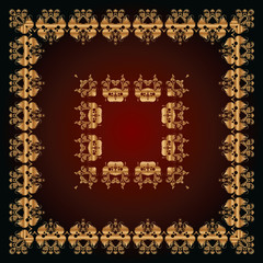 abstract pattern with golden floral ornaments on a red and black background