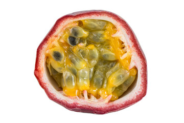 Close-up of a sliced passion fruit (passionfruit, purple granadilla (Passiflora edulis)) viewed from the front, isolated on white background.