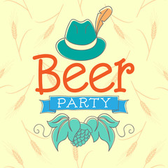 Beer Party Vector Illustration. Hand Lettered Text with a Hat on a background filled with barley.