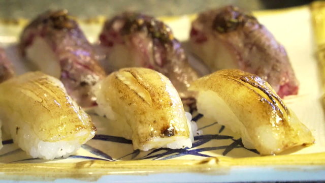 seared flounder, flatfish and wagyu beef aburi nigiri sushi