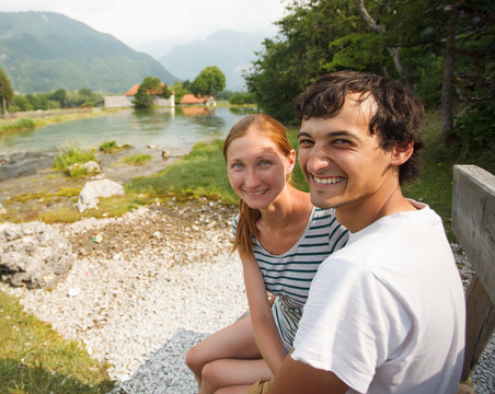 Portrait of happy couple on their honeymoon trip in Montenegro
