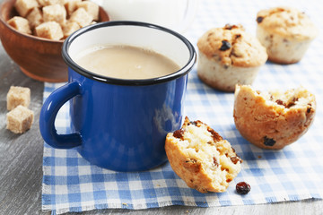 Mug coffee with milk and muffins