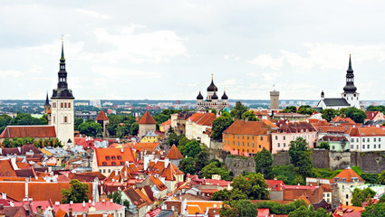 Obraz premium Trzy kościoły w starym Tallinie. Widok panoramiczny.