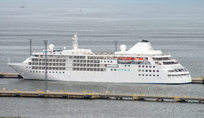 Large cruise ship docked in port.