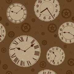Clocks and gears vector distressed seamless pattern. Sepia colors.