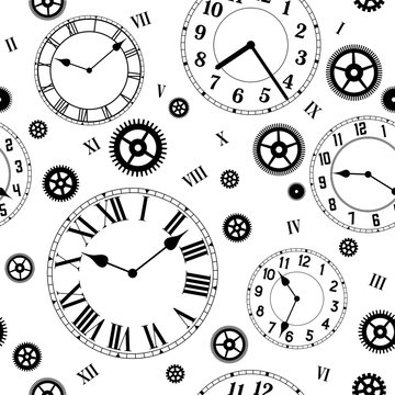 Clocks and gears vector seamless pattern. Black and white colors.