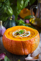 pumpkin cream soup in pumpkin
