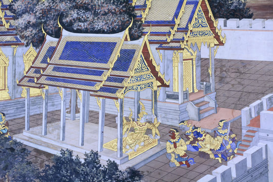 Mural painting in wat phra kaew, Bangkok Thailand
