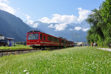 Obraz premium Kolejka Zillertalbahn przed górami / Austria