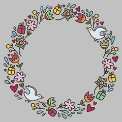 Round frame with flowers, hearts, gifts and birds