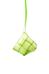 Muslim Ketupat (Rice Dumpling). Eid Mubarak - Blessed Feast . Ketupats, a natural rice casing made from young coconut leaves for cooking rice on white background.