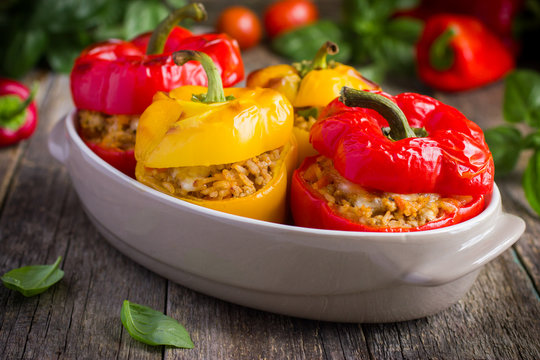 Stuffed Peppers With Meat, Rice And Vegetables